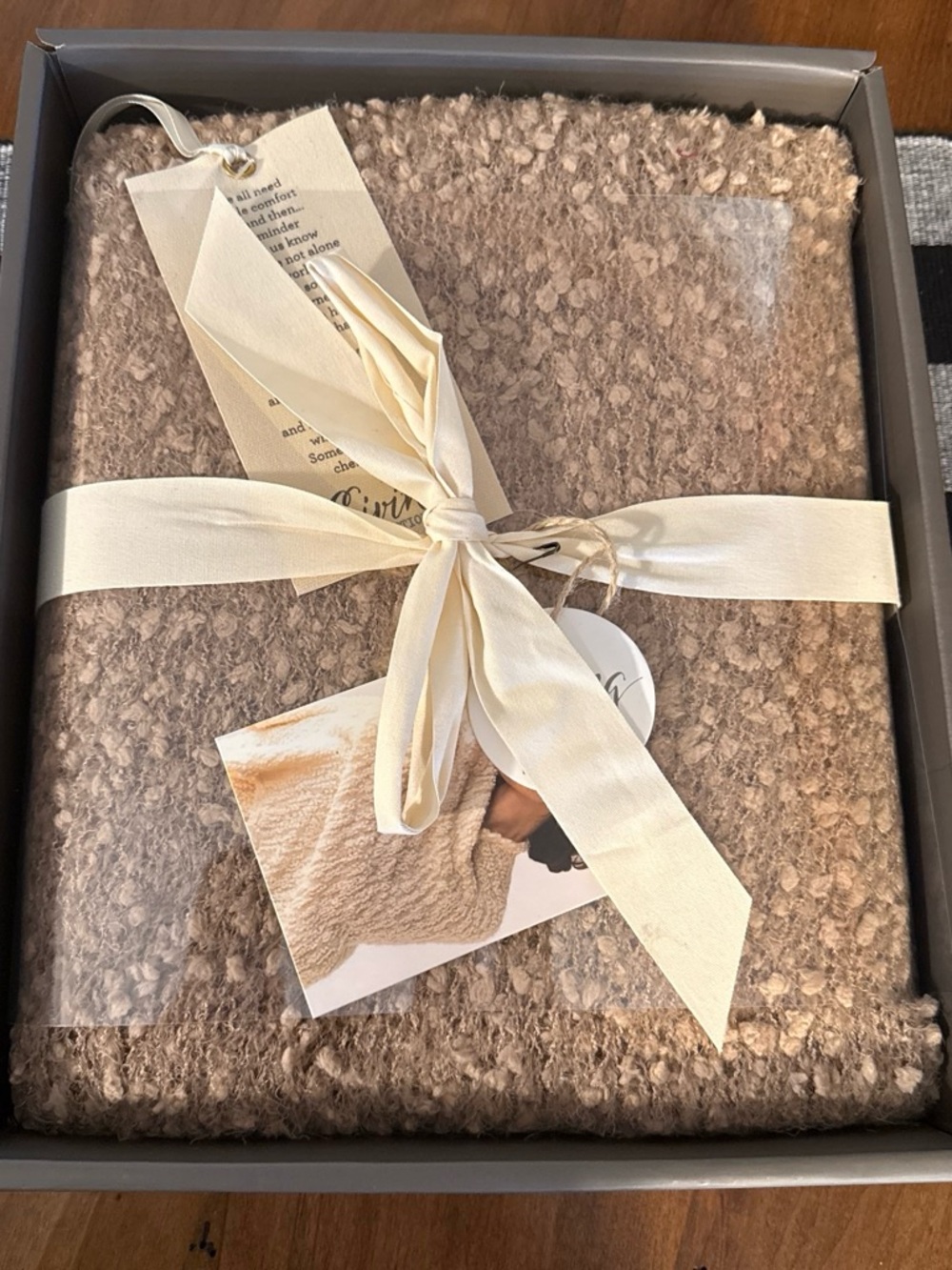 Demdaco Taupe Bouclé Knit Cardigan with Cream Ribbon